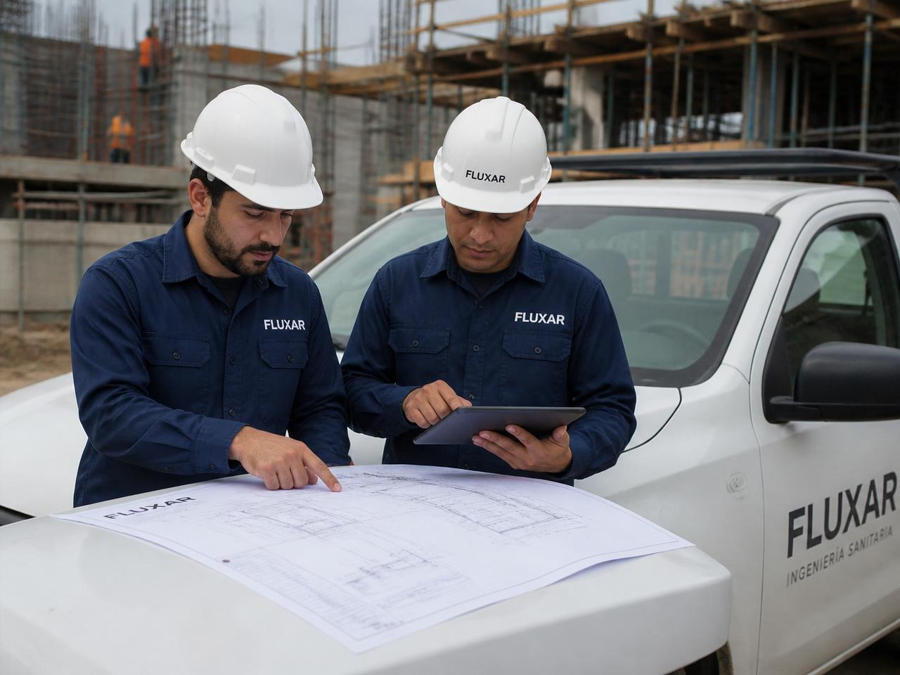 Ingenieros Fluxar revisando planos sanitarios en obra